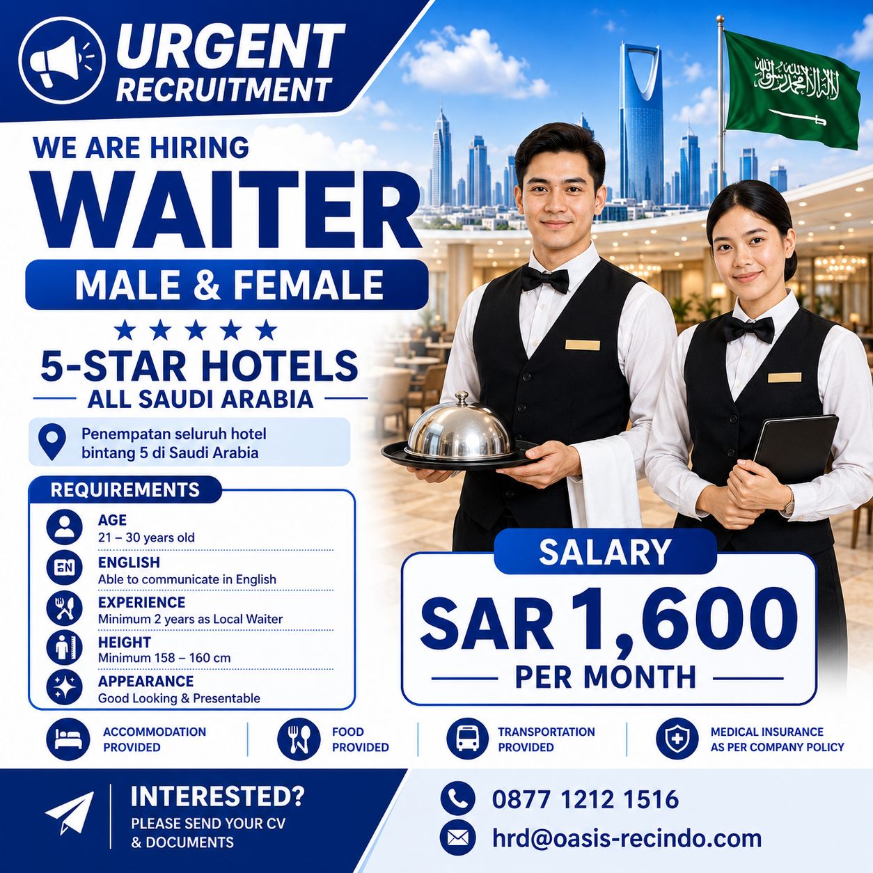 Lowongan Waiters Hotel bintang 5, Saudi Arabia